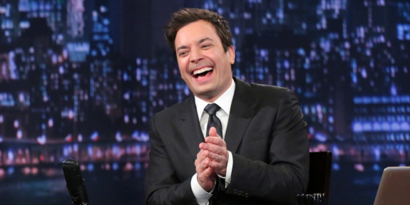 This Feb. 21, 2013 photo released by NBC shows Jimmy Fallon, host of "Late Night with Jimmy Fallon," on the set in New York. The program was nominated for an Emmy award for outstanding variety series, Thursday, July 18, 2013. (AP Photo/NBC, Lloyd Bishop)