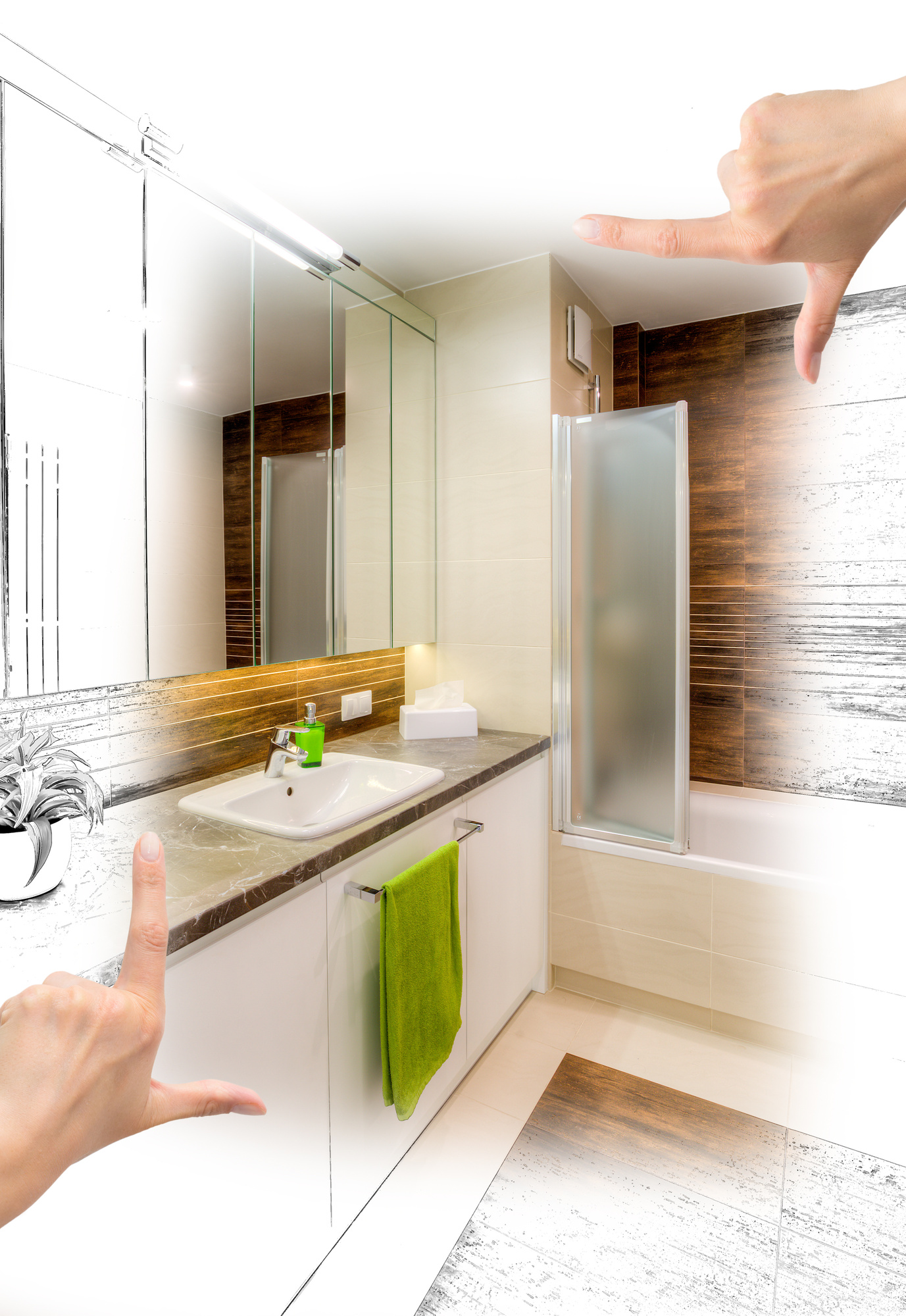 hands in frame envisioning a new bathroom